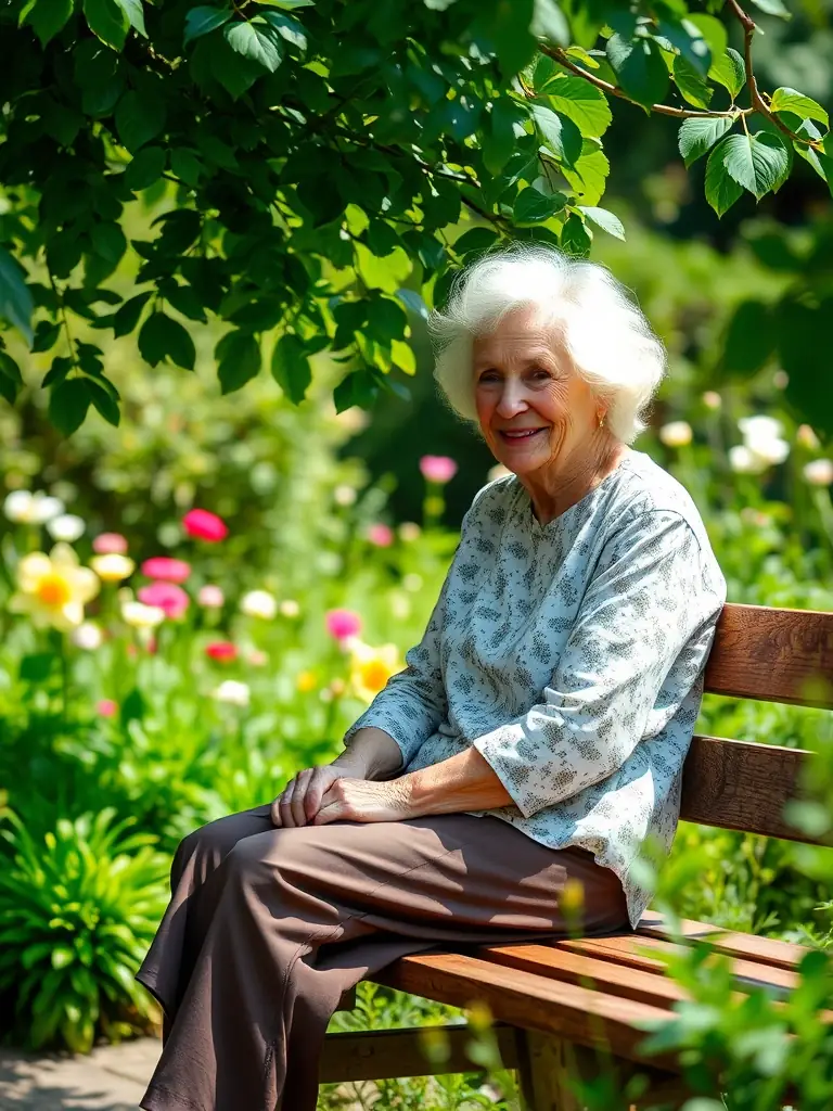 A candid shot of Alice Munro, a Nobel Prize-winning Canadian author, sitting in a garden, smiling gently.