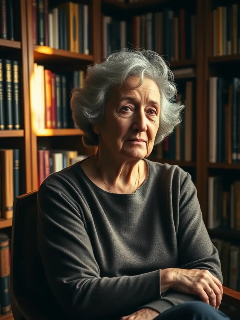 A portrait of Margaret Atwood, a renowned Canadian author, in her study surrounded by books, with a thoughtful expression on her face.