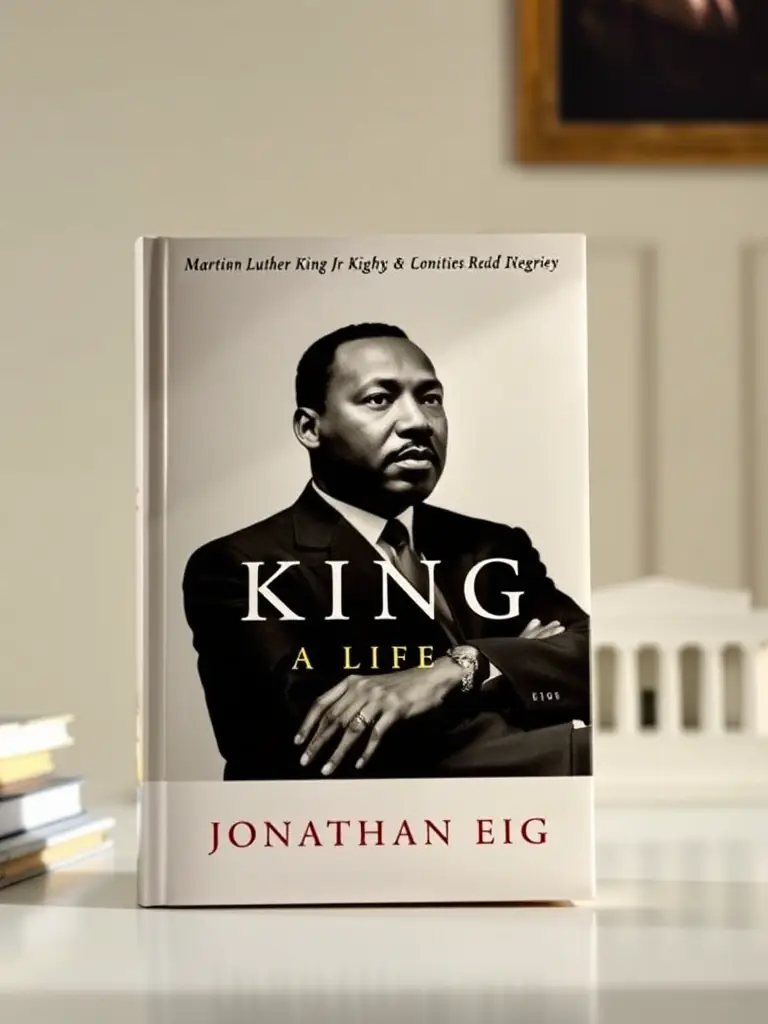A captivating image of the book cover for "King: A Life" by Jonathan Eig, showcasing Martin Luther King Jr.'s portrait, placed next to a historical landmark related to the civil rights movement.