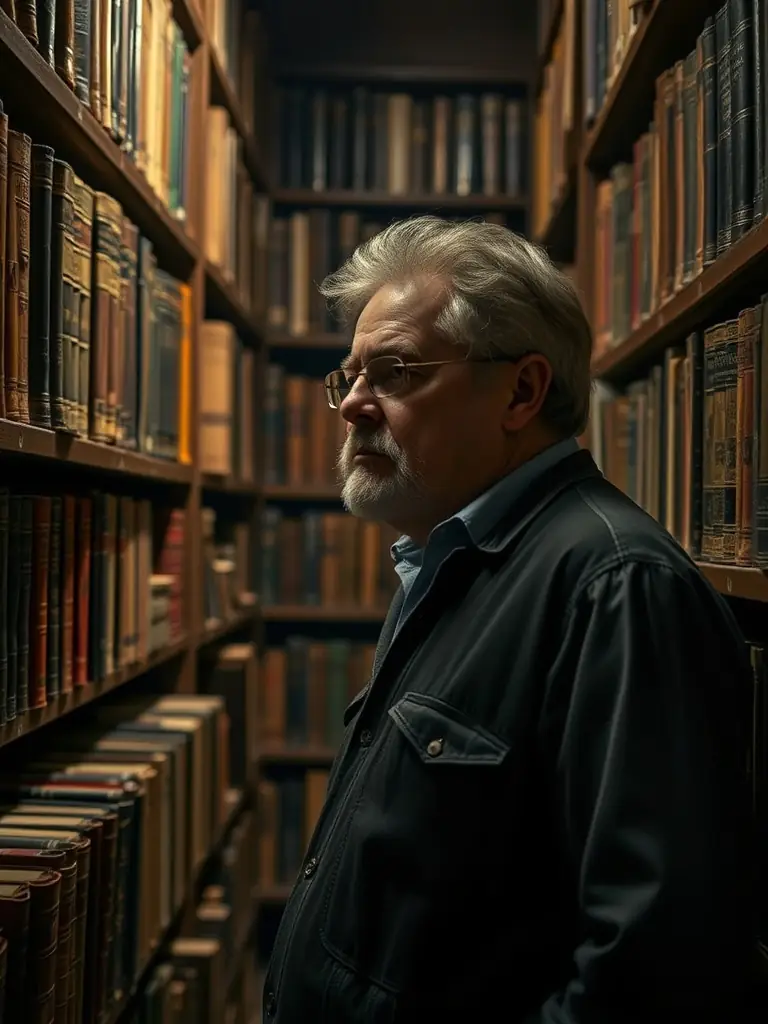 A photograph of Michael Ondaatje, a Sri Lankan-born Canadian author, standing in front of a bookshelf, looking contemplative.